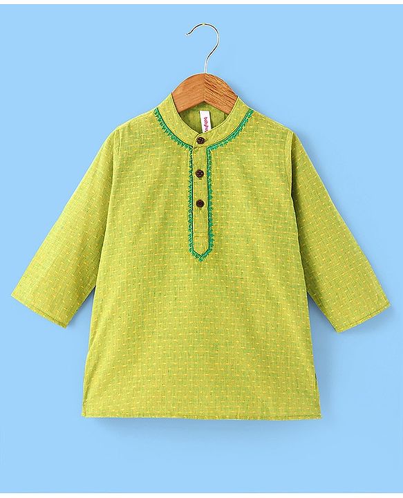 Babyhug Cotton Woven Full Sleeves Dobby Embroidery Kurta & Dhoti Set - Lime Green