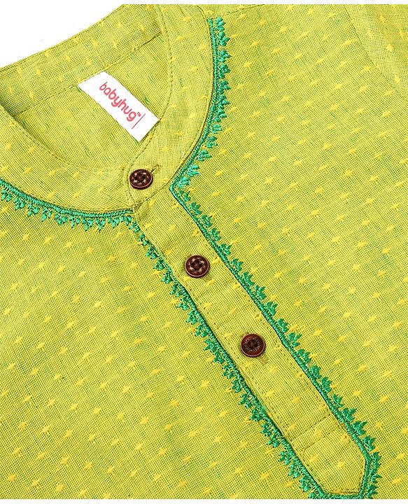 Babyhug Cotton Woven Full Sleeves Dobby Embroidery Kurta & Dhoti Set - Lime Green