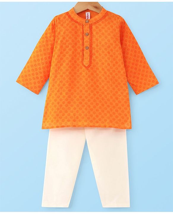 Babyhug 100% Cotton Woven Full Sleeves  Dobby  Kurta Pajama Set - Orange