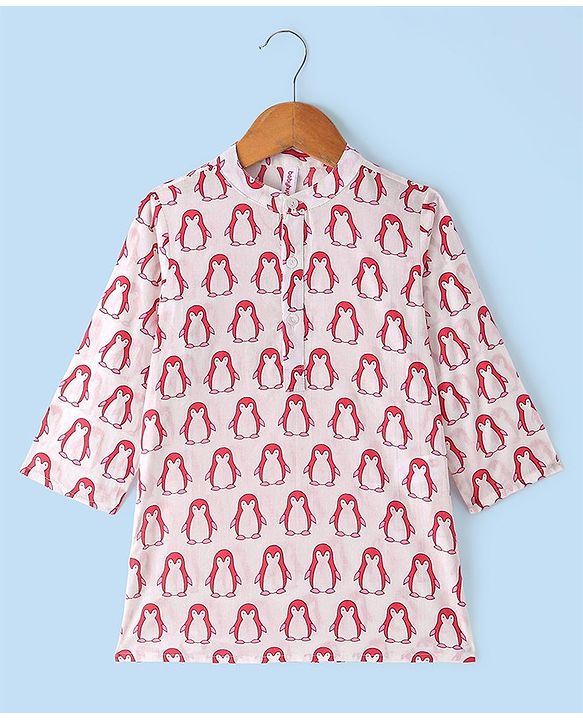 Babyhug 100% Cotton Woven Full Sleeves Penguin Printed Kurta Dhoti Set - Red & White