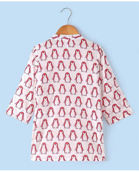 Babyhug 100% Cotton Woven Full Sleeves Penguin Printed Kurta Dhoti Set - Red & White
