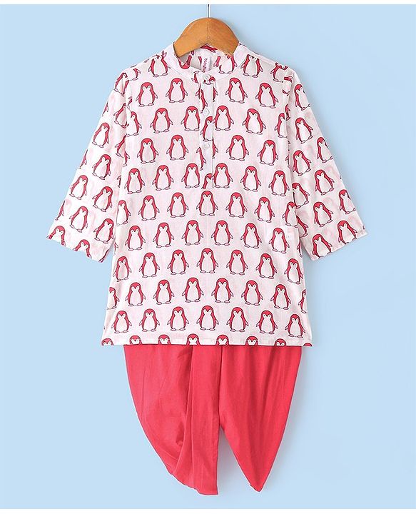 Babyhug 100% Cotton Woven Full Sleeves Penguin Printed Kurta Dhoti Set - Red & White