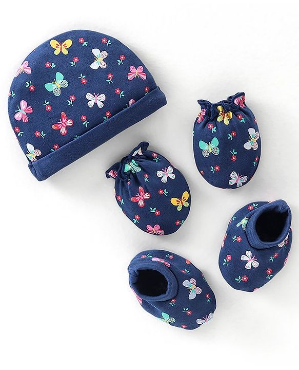 Babyhug 100% Cotton Cap Mittens & Booties Butterfly Print - Navy Blue