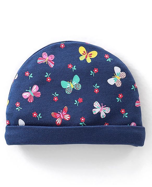 Babyhug 100% Cotton Cap Mittens & Booties Butterfly Print - Navy Blue