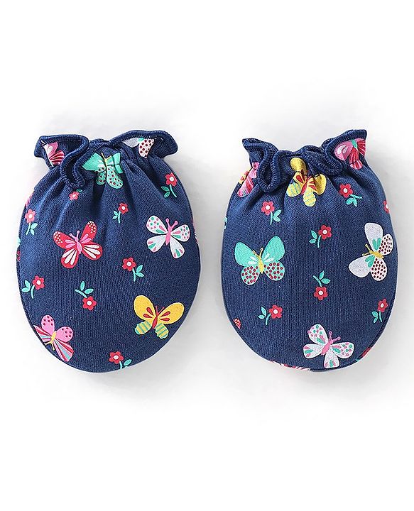 Babyhug 100% Cotton Cap Mittens & Booties Butterfly Print - Navy Blue