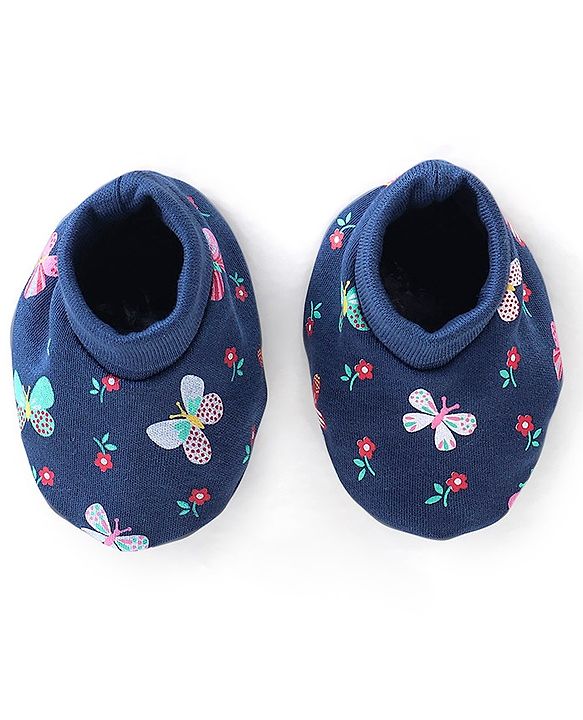 Babyhug 100% Cotton Cap Mittens & Booties Butterfly Print - Navy Blue