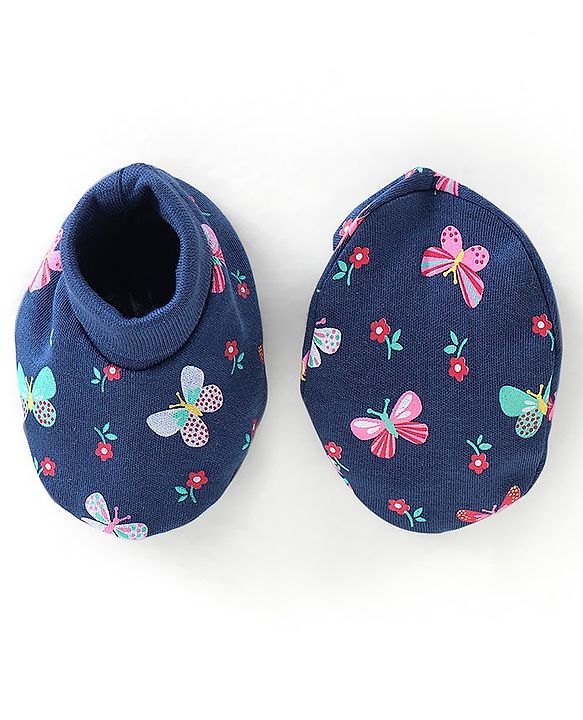 Babyhug 100% Cotton Cap Mittens & Booties Butterfly Print - Navy Blue
