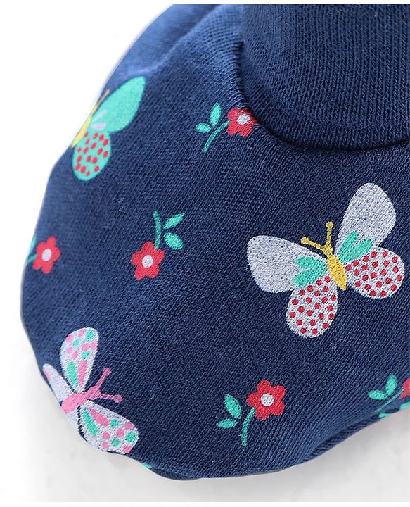Babyhug 100% Cotton Cap Mittens & Booties Butterfly Print - Navy Blue