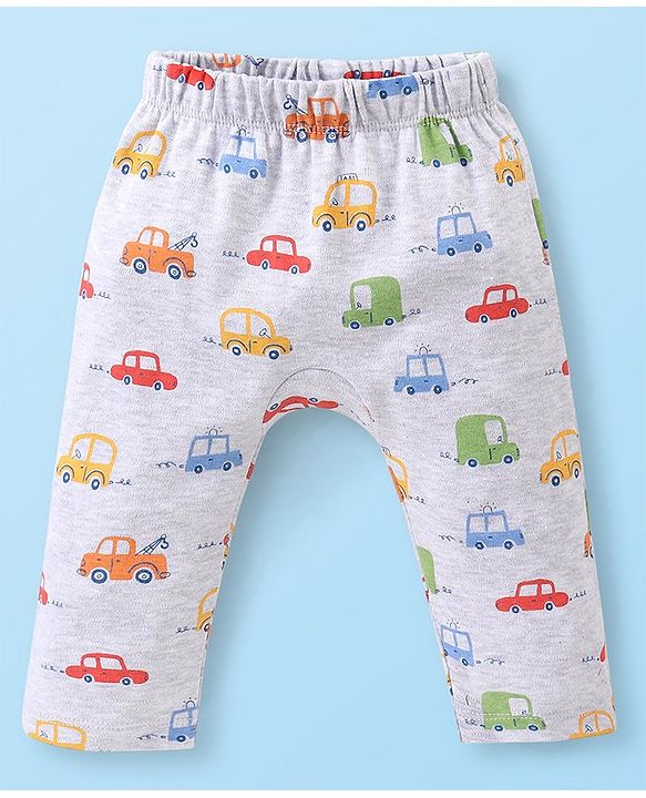 Babyhug Cotton Knit Full Length Diaper Pants Striped & Car Printed Pack of 3 - Multicolour
