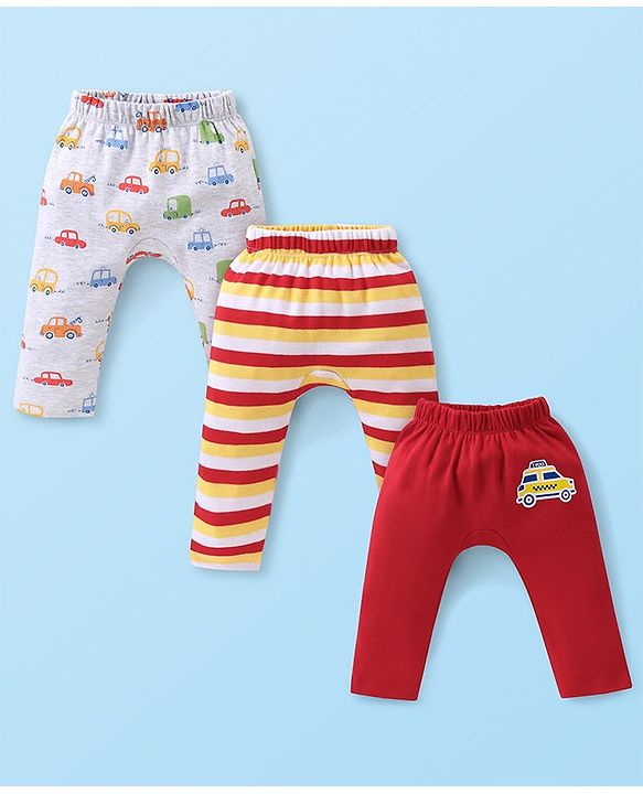 Babyhug Cotton Knit Full Length Diaper Pants Striped & Car Printed Pack of 3 - Multicolour