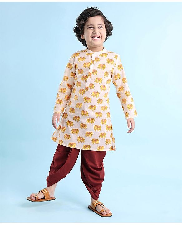 Babyhug Cotton Woven Full Sleeves Elephant Printed Kurta with Dhoti Set - White & Maroon