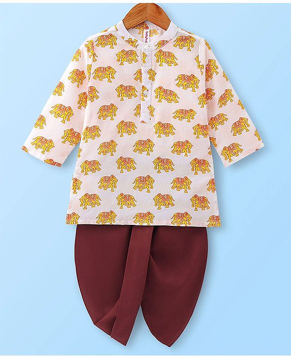 Babyhug Cotton Woven Full Sleeves Elephant Printed Kurta with Dhoti Set - White & Maroon