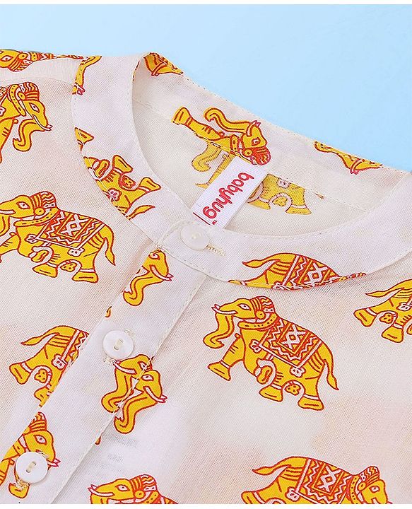 Babyhug Cotton Woven Full Sleeves Elephant Printed Kurta with Dhoti Set - White & Maroon