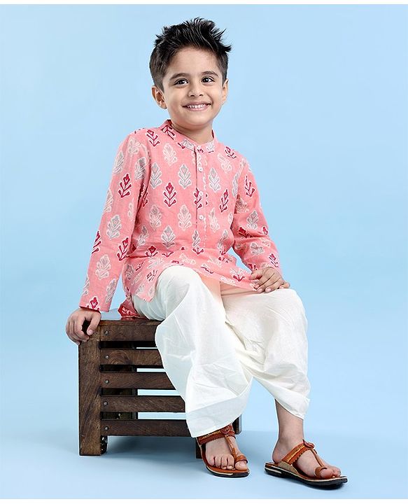 Babyhug Cotton Woven Full Sleeves Floral Printed Kurta & Dhoti Set - Pink & White