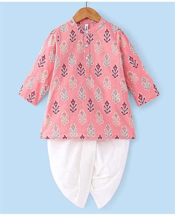 Babyhug Cotton Woven Full Sleeves Floral Printed Kurta & Dhoti Set - Pink & White