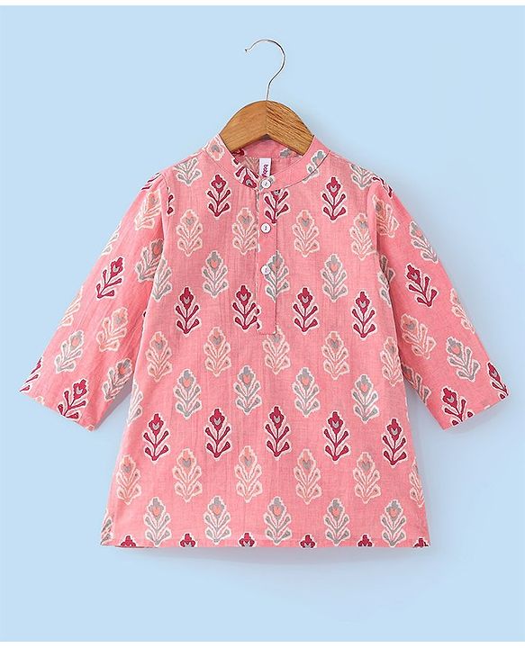 Babyhug Cotton Woven Full Sleeves Floral Printed Kurta & Dhoti Set - Pink & White