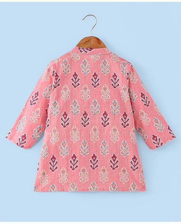 Babyhug Cotton Woven Full Sleeves Floral Printed Kurta & Dhoti Set - Pink & White