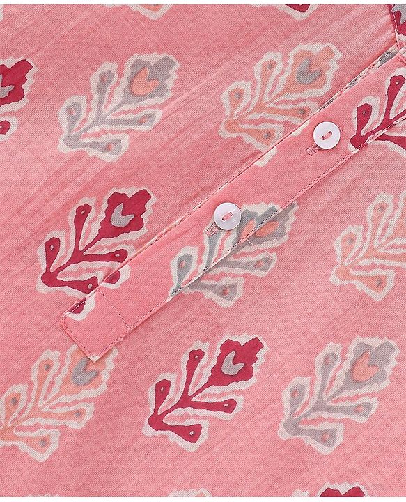 Babyhug Cotton Woven Full Sleeves Floral Printed Kurta & Dhoti Set - Pink & White
