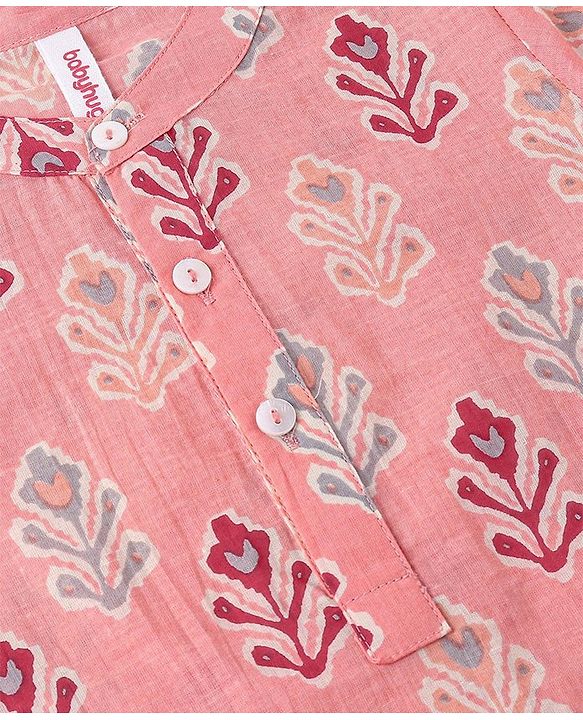 Babyhug Cotton Woven Full Sleeves Floral Printed Kurta & Dhoti Set - Pink & White