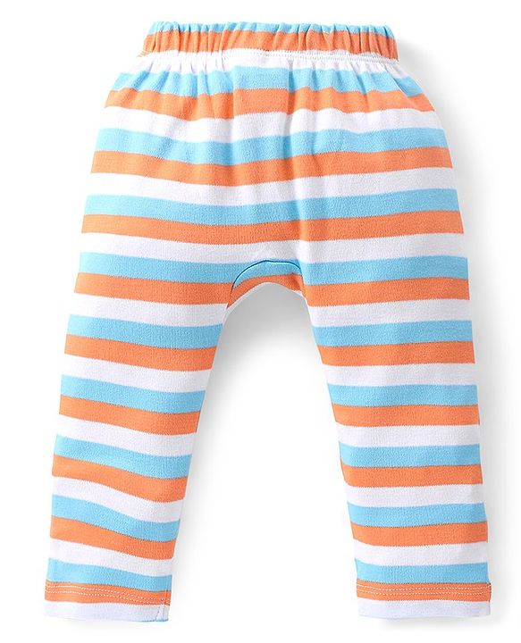Babyhug Cotton Knit Full Length  Diaper Pants Striped & Fox Printed Pack of 3 - Grey & Blue