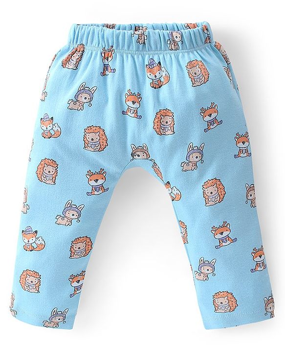 Babyhug Cotton Knit Full Length  Diaper Pants Striped & Fox Printed Pack of 3 - Grey & Blue