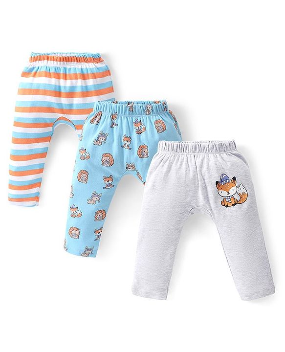 Babyhug Cotton Knit Full Length  Diaper Pants Striped & Fox Printed Pack of 3 - Grey & Blue