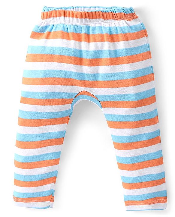 Babyhug Cotton Knit Full Length  Diaper Pants Striped & Fox Printed Pack of 3 - Grey & Blue
