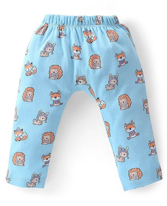 Babyhug Cotton Knit Full Length  Diaper Pants Striped & Fox Printed Pack of 3 - Grey & Blue