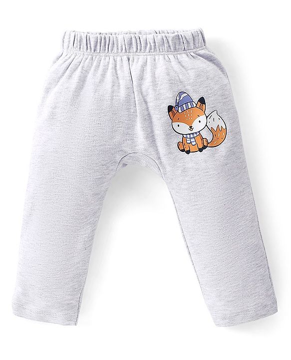 Babyhug Cotton Knit Full Length  Diaper Pants Striped & Fox Printed Pack of 3 - Grey & Blue