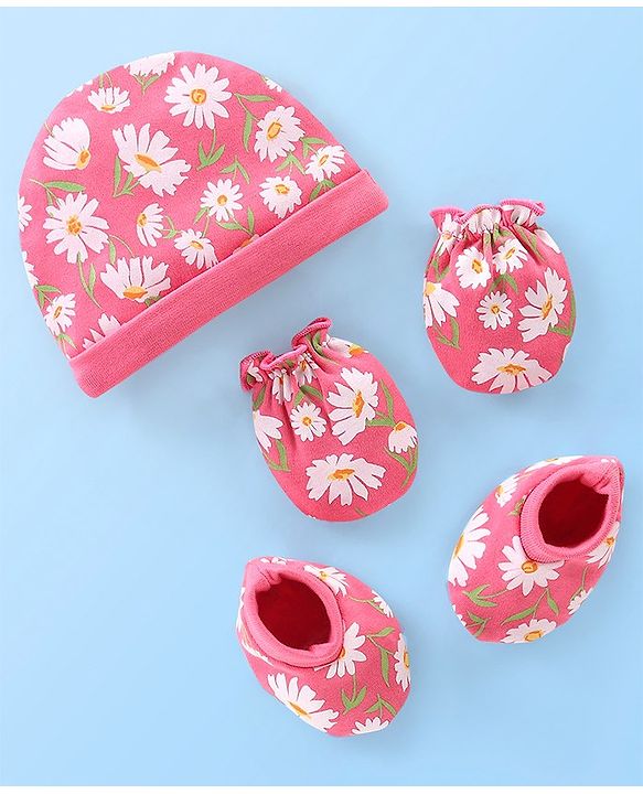 Babyhug 100% Cotton Cap Mittens & Booties Floral Printed Pink - Diameter 12 cm