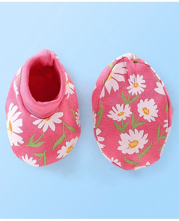 Babyhug 100% Cotton Cap Mittens & Booties Floral Printed Pink - Diameter 12 cm