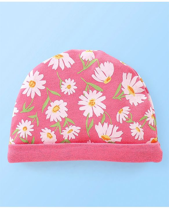 Babyhug 100% Cotton Cap Mittens & Booties Floral Printed Pink - Diameter 12 cm