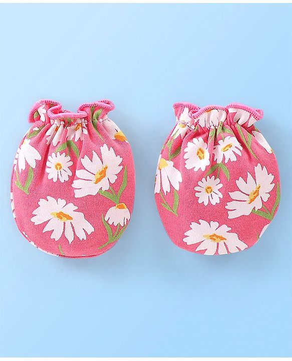 Babyhug 100% Cotton Cap Mittens & Booties Floral Printed Pink - Diameter 12 cm