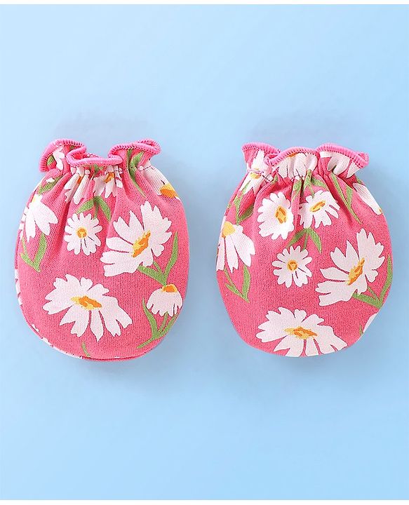 Babyhug 100% Cotton Cap Mittens & Booties Floral Printed Pink - Diameter 12 cm