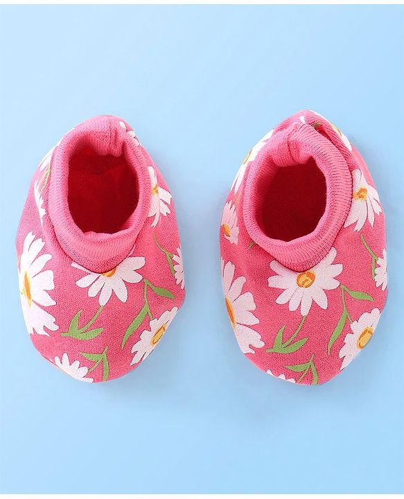 Babyhug 100% Cotton Cap Mittens & Booties Floral Printed Pink - Diameter 12 cm