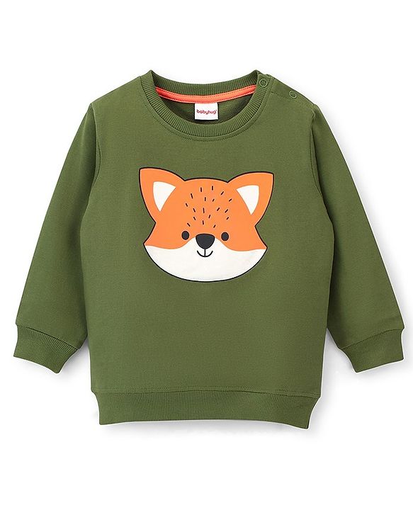 Babyhug Cotton Knit Full Sleeves Sweatshirt With Fox Print - Green