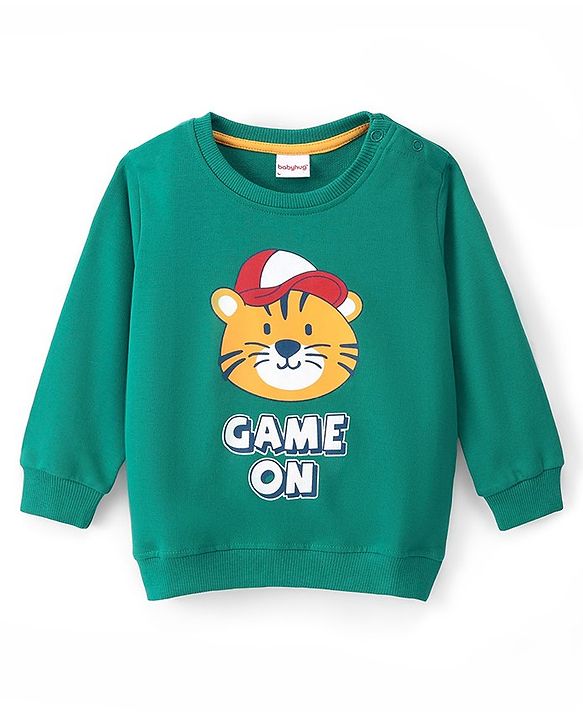 Babyhug Cotton Knit Full Sleeves Sweatshirt With Tiger Graphics- Green