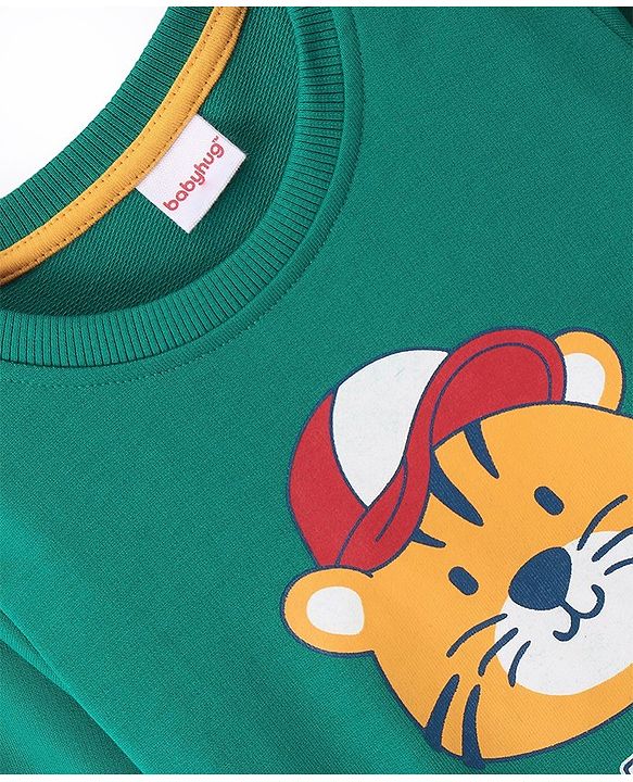 Babyhug Cotton Knit Full Sleeves Sweatshirt With Tiger Graphics- Green