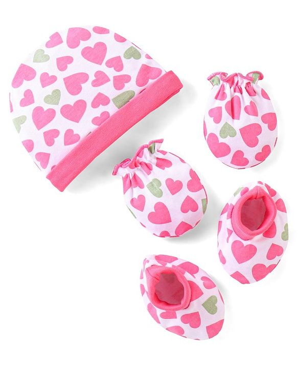 Babyhug 100% Cotton Knit Cap Mittens & Booties Heart Print Pink - Diameter 9 cm