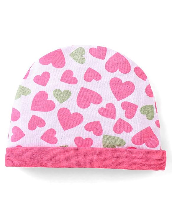 Babyhug 100% Cotton Knit Cap Mittens & Booties Heart Print Pink - Diameter 9 cm