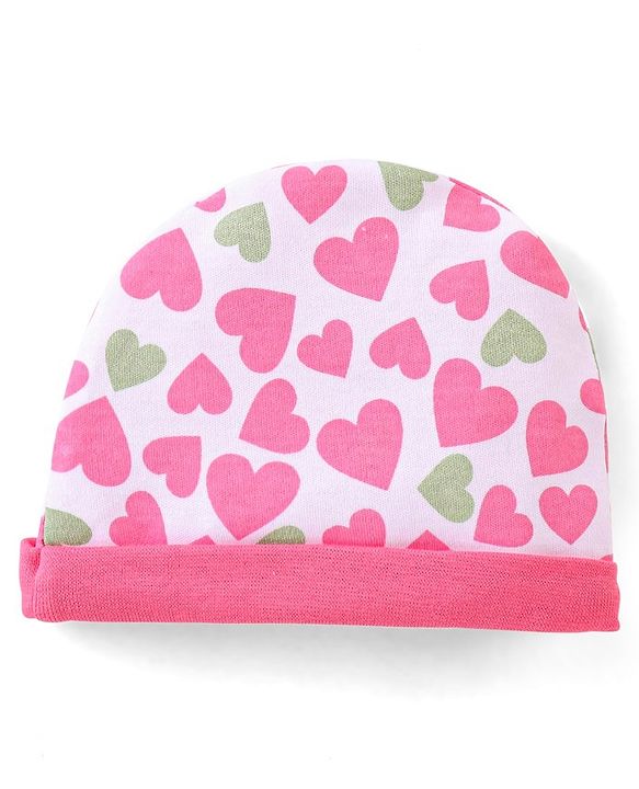 Babyhug 100% Cotton Knit Cap Mittens & Booties Heart Print Pink - Diameter 9 cm