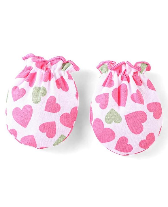 Babyhug 100% Cotton Knit Cap Mittens & Booties Heart Print Pink - Diameter 9 cm