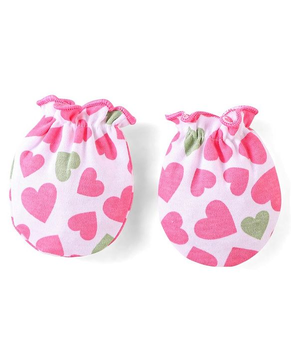 Babyhug 100% Cotton Knit Cap Mittens & Booties Heart Print Pink - Diameter 9 cm