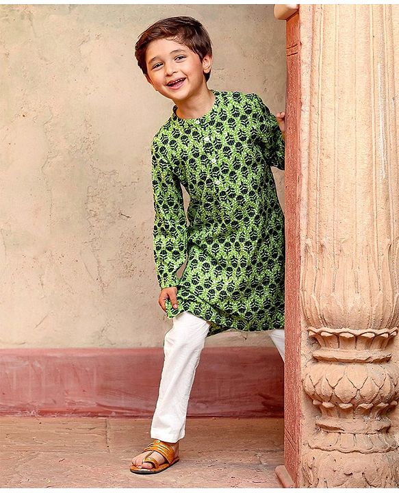 Babyhug Cotton Full Sleeves Floral Printed Kurta & Pyjama Set - Green