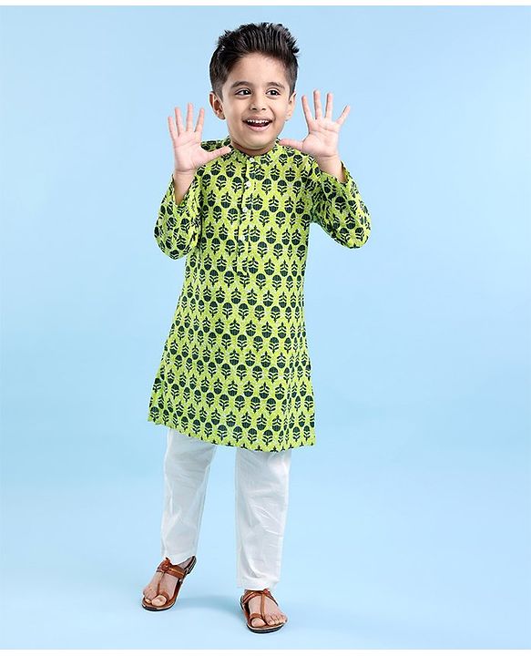 Babyhug Cotton Full Sleeves Floral Printed Kurta & Pyjama Set - Green