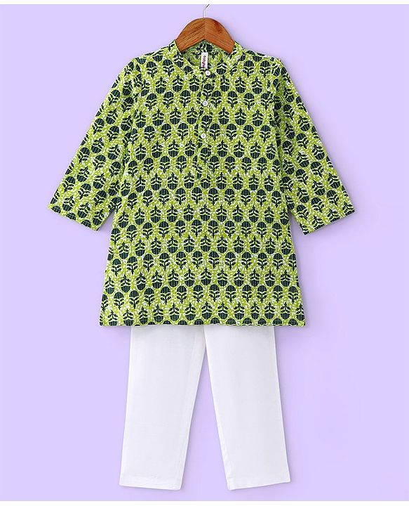 Babyhug Cotton Full Sleeves Floral Printed Kurta & Pyjama Set - Green