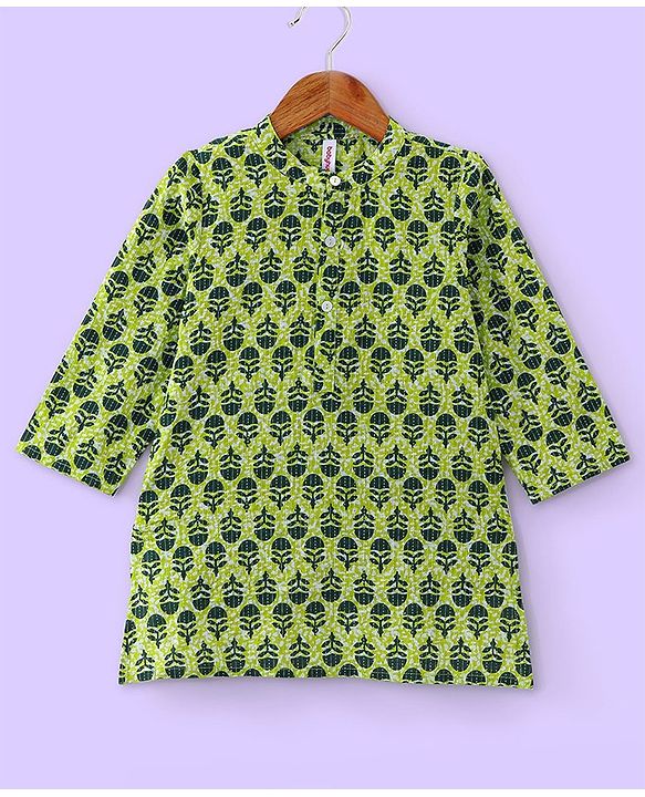 Babyhug Cotton Full Sleeves Floral Printed Kurta & Pyjama Set - Green