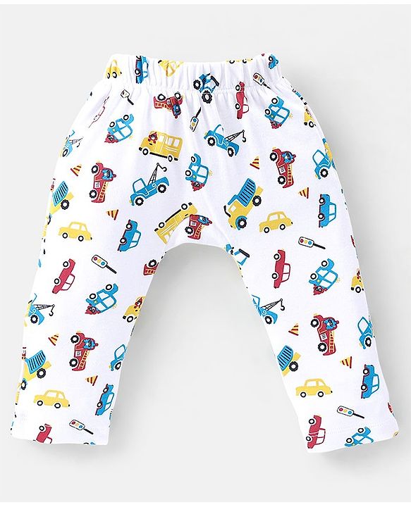 Babyhug Cotton Full Length Diaper Pants Striped & Vehicles Printed Pack of 3 - Blue & White