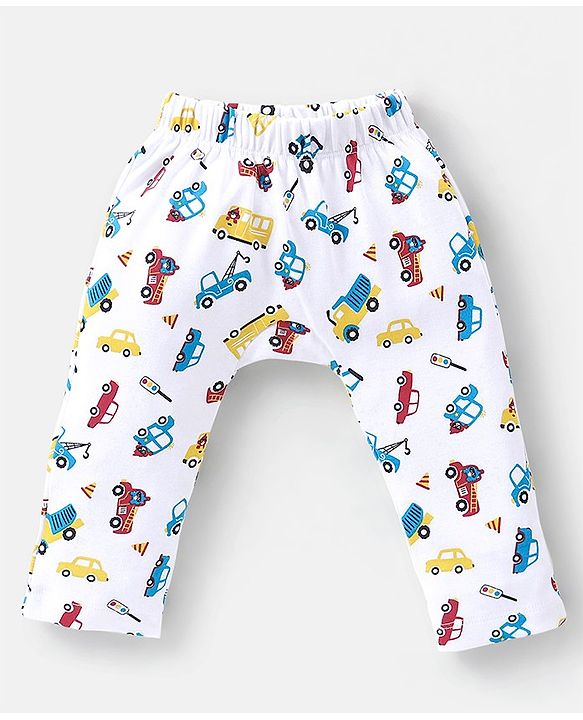 Babyhug Cotton Full Length Diaper Pants Striped & Vehicles Printed Pack of 3 - Blue & White