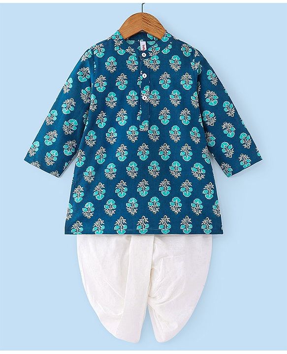 Babyhug Cotton Woven Full Sleeves Floral Printed Kurta & Dhoti Set - Indigo & White